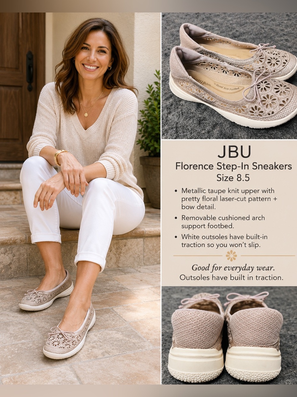 JBU Metallic Taupe Knit Floral Lace-Up Arch Support Shoes  - Size 8.5